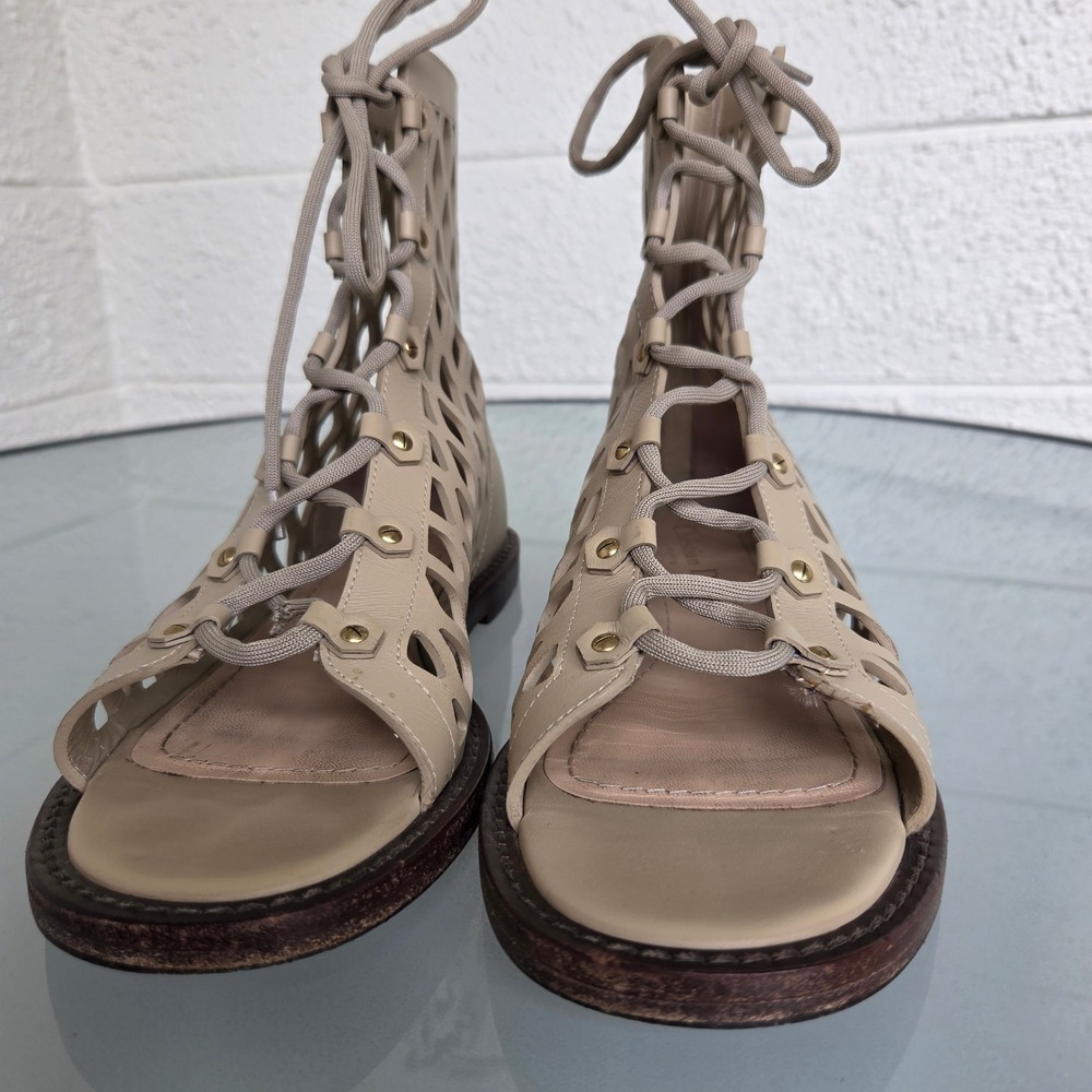 Christian Dior Beige Leather Laser Cut Gladiator Flat Sandals Lace Up Zip 37.5 - Picture 3 of 14